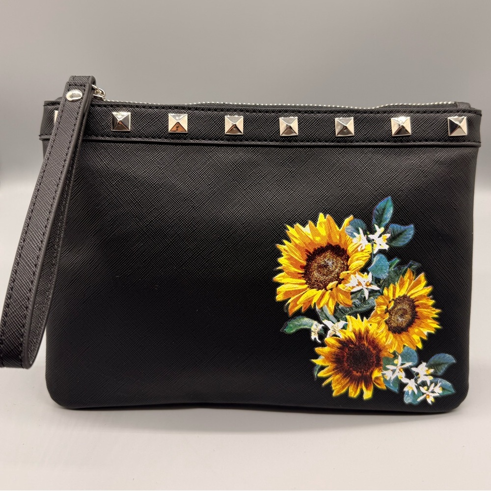 White House Black Market black vegan leather studded sunflower wristlet pouch